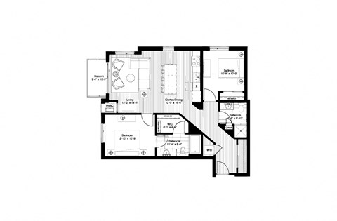 Floor plan for 2 beds, 2 baths, 1057 sqft